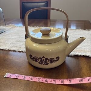 Vintage Pfaltzgraff Village - Enamel Tea Kettle Wood Handle Lid